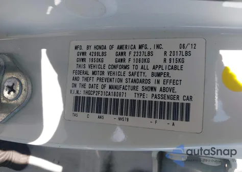 2012 Honda Accord 2.4 Lx из США, поврежденный, VIN 1HGCP2F31CA180871